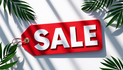 Eye-catching sale tag with bold letters surrounded by tropical leaves and vibrant contrasts. Sale promotion displayed prominently on red label against white background,