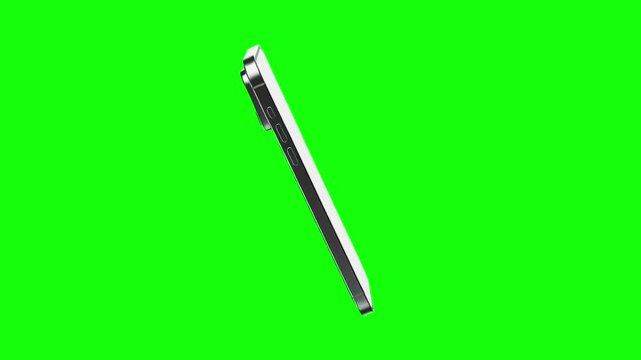 Flying falling smartphone with blank screen isolated on green background, chroma key, keyable