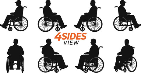 Silhouette collection of diverse individuals in wheelchairs from 4 sides view, showcasing accessibility, mobility, inclusion, and independence for various design projects and health-related themes.