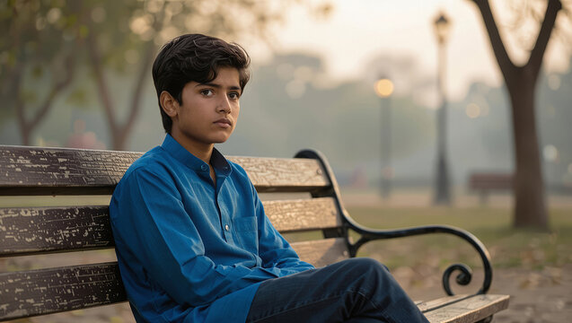 Teenager sits pensively on park bench in warm sunlight lost in thought and introspection