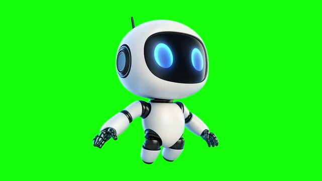 Flying falling 3D cartoon robot isolated on green background, chroma key, keyable