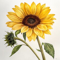 Naklejka premium A watercolor painting of a sunflower with a bud on a white background with green leaves