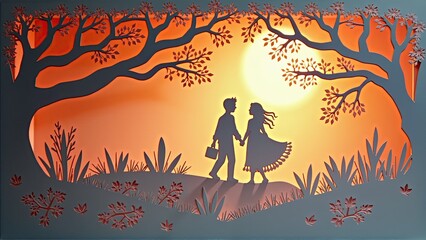 Silhouette couple strolls holding hands at sunset in die-cut paper art with scenic tree backdrop.