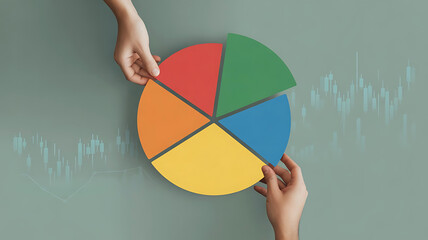 Hands assembling colorful pie chart with financial graph