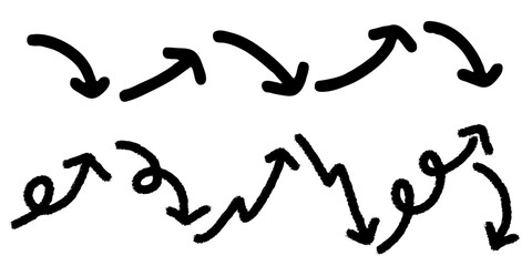 Hand-drawn arrows in curved and wavy directions using thick black crayon or marker. Set of vector doodle arrows for navigation or highlighting purposes.