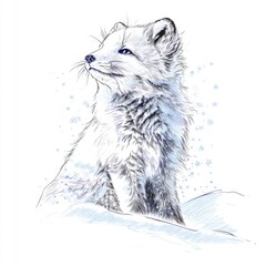 Obraz premium Elegant Arctic Fox in Winter Landscape with Snowflakes and Soft Fur Detailed Illustration for Nature and Wildlife Themes