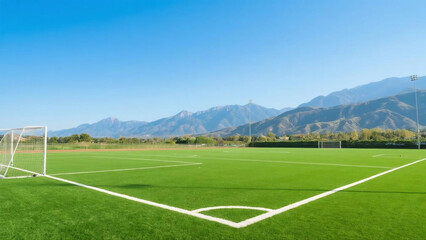 Obraz premium Green Football Field with White Yard Lines Under Blue Sky and Mountains