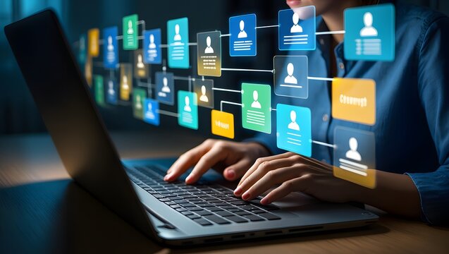 Businessman messaging team with using laptop computer. Collaboration platform. Employee communication and knowledge sharing on discussion forums in internal social network.