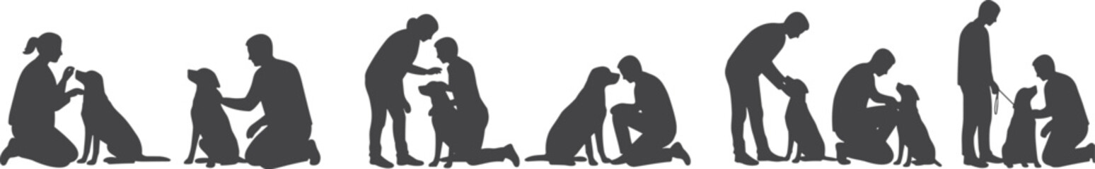 Silhouettes of People Interacting and Bonding with Dogs, Illustrating Pet Ownership, Training, Companionship, and Deep Human-Animal Connection.