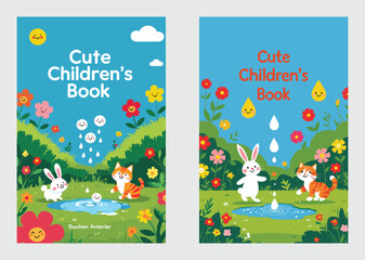 Fototapeta premium Cute Animals Playing In Garden With Water Drops Book Cover