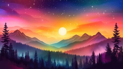 8-bit mountain landscape with colorful sunset and starry night sky, nostalgic pixel art style