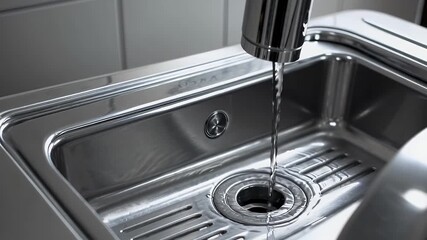 slow dripping faucet releases glistening droplets into a spotless kitchen sink symbolizing water waste resource conservation challenges and domestic plumbing issues perfect for environmental