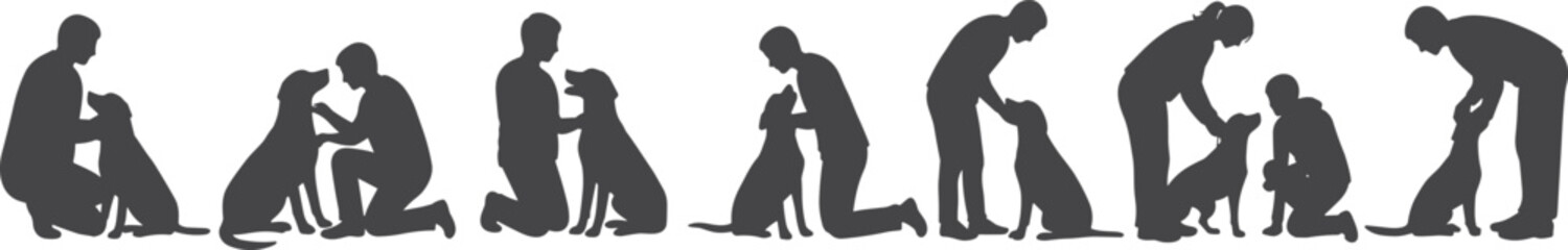 Silhouettes of People Interacting and Bonding with Dogs, Illustrating Pet Ownership, Training, Companionship, and Deep Human-Animal Connection.