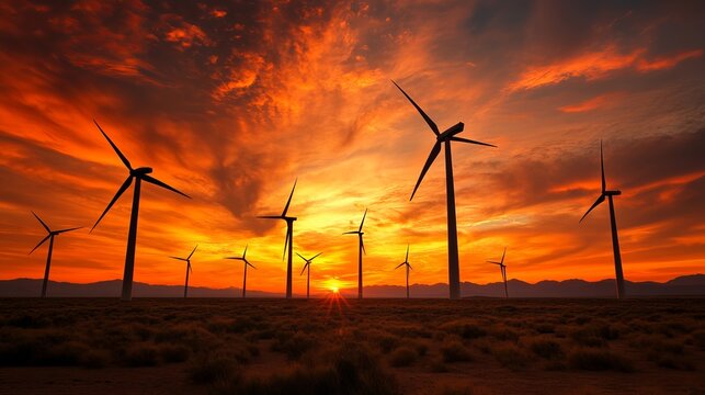 Fiery sunset silhouettes wind turbines in a vast desert landscape