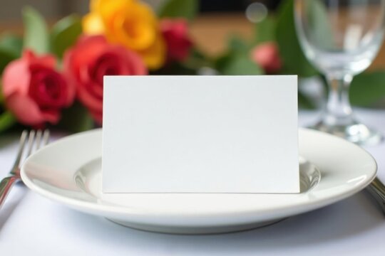 White place card mockup, folded, on wedding table , details, stationery
