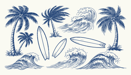 Blue Sketch of Palm Trees, Surfboards, and Ocean Waves Hand Drawn Vector Illustration