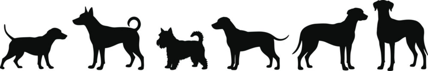 Collection of Various Dog Breed Silhouettes Showcasing Different Sizes and Shapes, Perfect for Pet, Animal, and Companion Concepts.