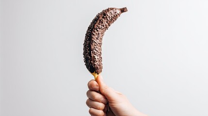 Hand Holding Chocolate Covered Banana Against White Background