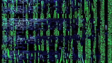 Computer code scrolling with glitch effect in green and black - Powered by Adobe