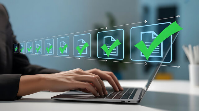 Person typing on laptop with digital checklist and green checkmarks - Powered by Adobe