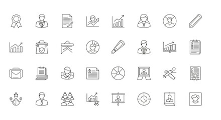 Collection of minimalist line icons depicting business, finance, and management concepts.
