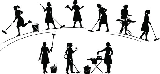 Dynamic Silhouettes of Women Engaging in Various Household Chores, Depicting Everyday Life and Domestic Responsibilities.