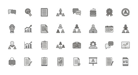 Collection of grayscale business icons depicting teamwork, growth, communication, and achievement.