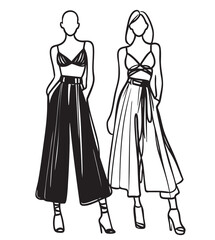 Cute stylish girl in fashion clothes. Fashion woman sketch. Sketch. Vector illustration