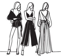 Fashion Models Silhouette in wide Pants. Stylish Woman Figure in Elegant Black and White Vector Illustration
