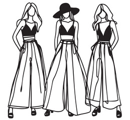 Fashion Models Silhouette in wide Pants. Stylish Woman Figure in Elegant Black and White Vector Illustration