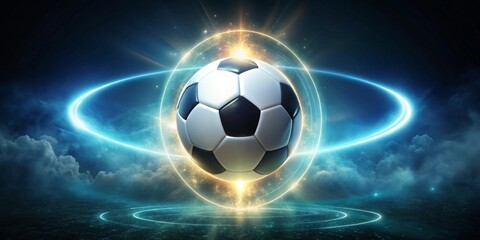 Fototapeta premium A Futuristic Soccer Ball in a Celestial Orb of Light and Energy, Suspended Above a Dark, Reflective Surface, Evoking a Sense of Wonder and Excitement