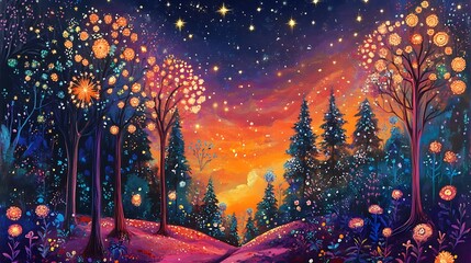 Naklejka premium Magical forest path illuminated by glowing lanterns and starry night sky