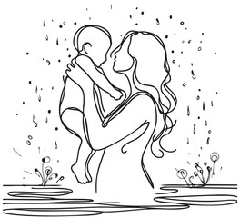 Female and baby in water. Hand drawn doodle vector illustration