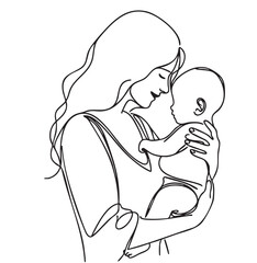 Abstract family continuous line art. Young mom hugging her baby sketch