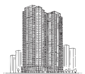 one line sketch simple high rise building on white background