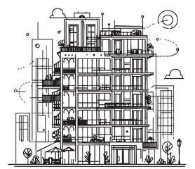 Abstract High rise building sketch. Line art, doodles