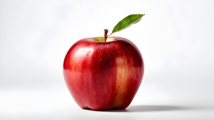Glossy red apple with a slightly dimpled skin, placed centrally against a white background.