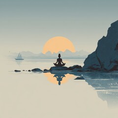 Tranquil Meditation at Sunrise by the Ocean with Calm Waters and Rocky Shoreline for Wellness and Relaxation Imagery