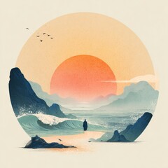 Serene Coastal Landscape at Sunset with Silhouette of a Person Walking Along the Beach and Gentle Waves Rolling In