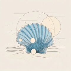 Blue Seashell Illustration with Minimalist Lines and Geometric Shapes against a Soft Beige Background