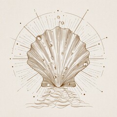 Elegant Seashell Illustration with Radiating Lines and Decorative Elements on a Soft Beige Background