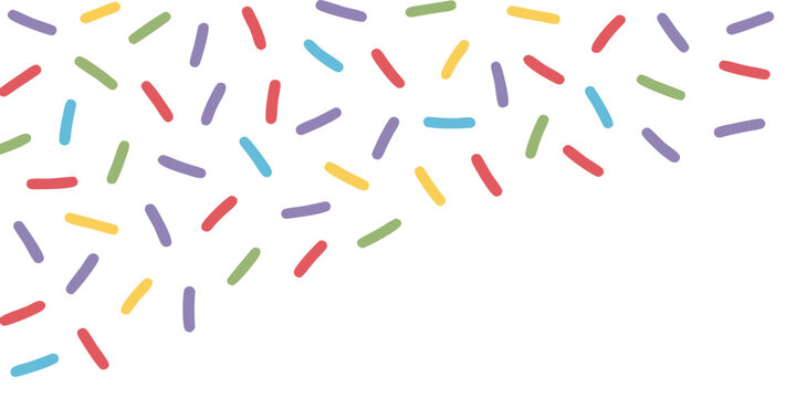 Colorful sprinkles vector background. Fun party confetti corner graphic for invitations, cards, banners, and sweet food themed design projects.