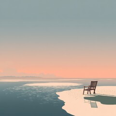 Peaceful seaside scene with a solitary chair on calm waters during sunset with soft pastel hues in the sky