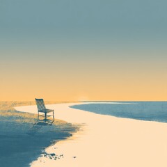 Solitary Bench on Tranquil Shore Under Vast Sky at Sunrise with Gold and Blue Hues Reflecting on Calm Water Surface