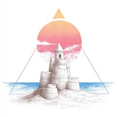 Abstract illustration of a sandcastle against a sunset sky with geometric shapes and serene ocean waves in soft pastel colors