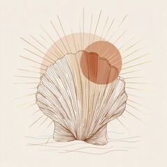 Elegant Line Art of a Seashell with Radiant Sunburst Background Perfect for Nature and Aesthetic Designs