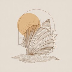 Elegant Shell Design with Sun and Abstract Elements for Coastal Artwork and Nautical Themes