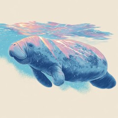 Graceful manatee swimming peacefully underwater with sunlight creating a vibrant reflection on the surface