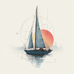 Elegant Sailboat Sailing at Sunset with Geometric Background and Calm Water Reflections in Artistic Illustration Style
