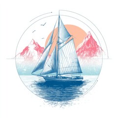 Vintage Sailboat Illustration with Mountains and Sunset Over Water in a Circular Design